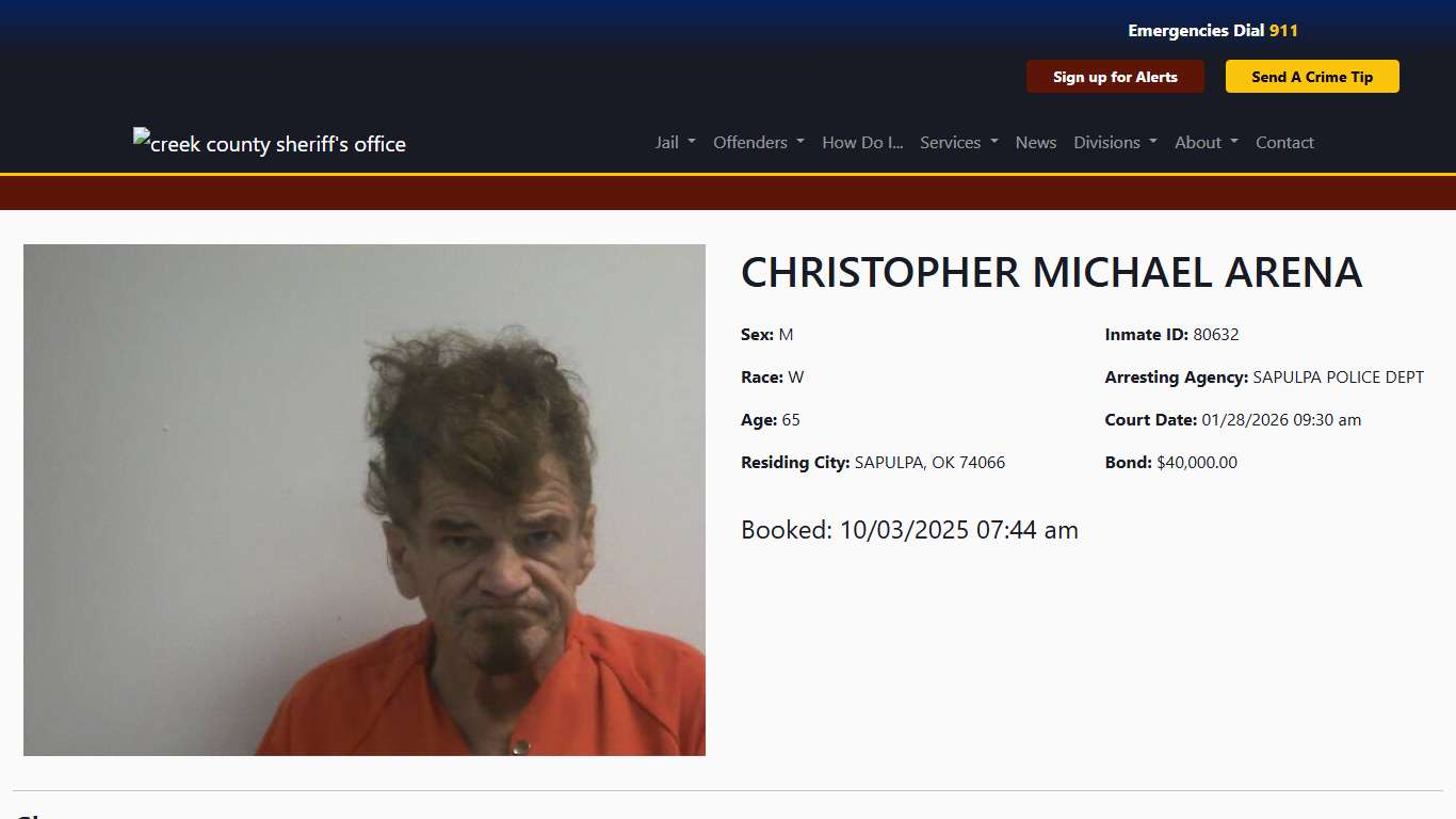 CHRISTOPHER ARENA Booked at the Creek County Jail