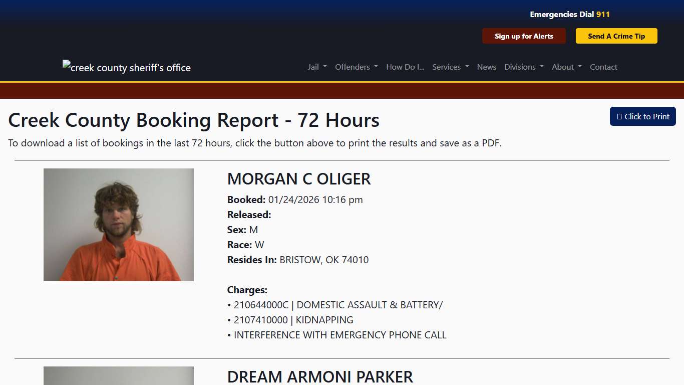 72 Hour Booking Report Creek County Sheriff's Office