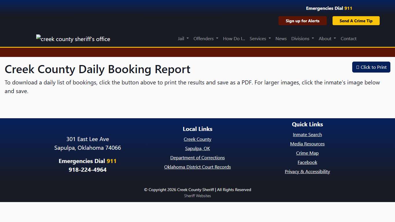 Daily Booking Report Creek County Sheriff's Office