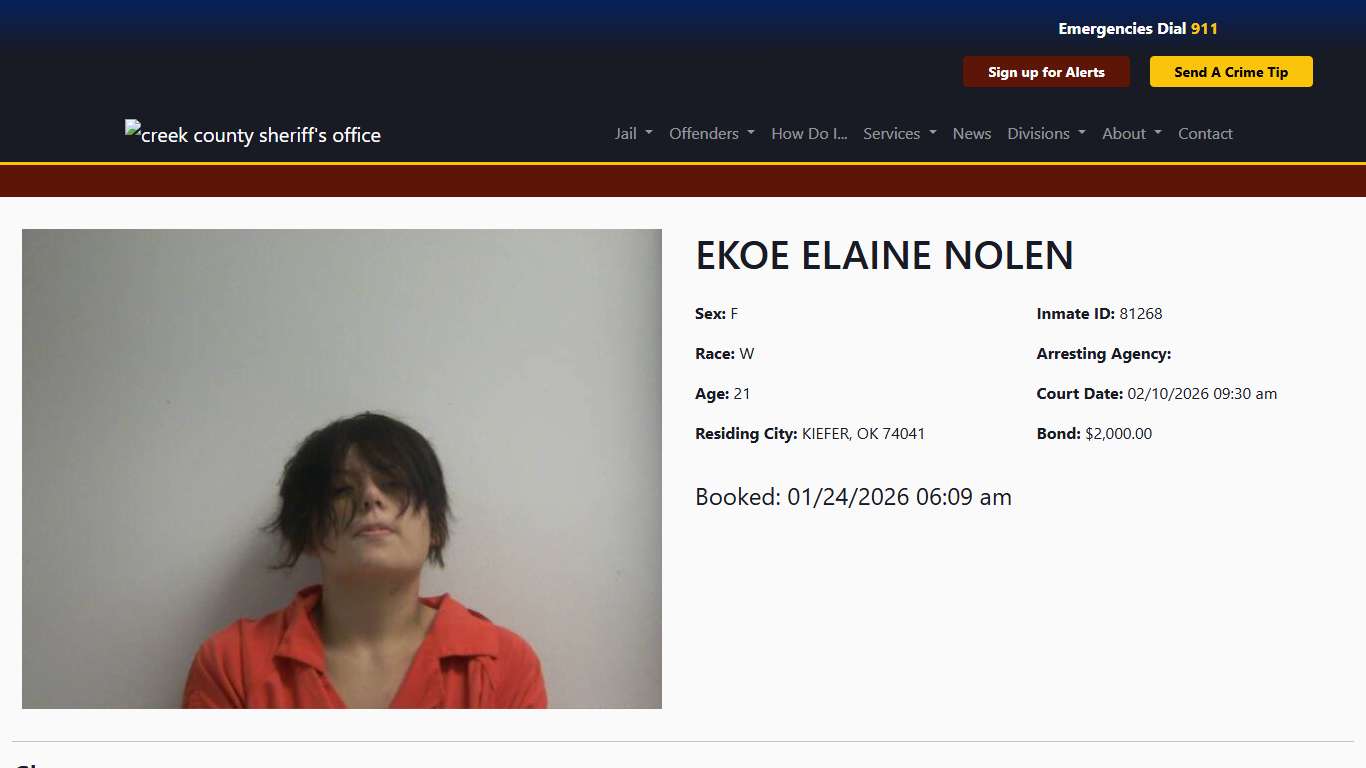 EKOE NOLEN Booked at the Creek County Jail